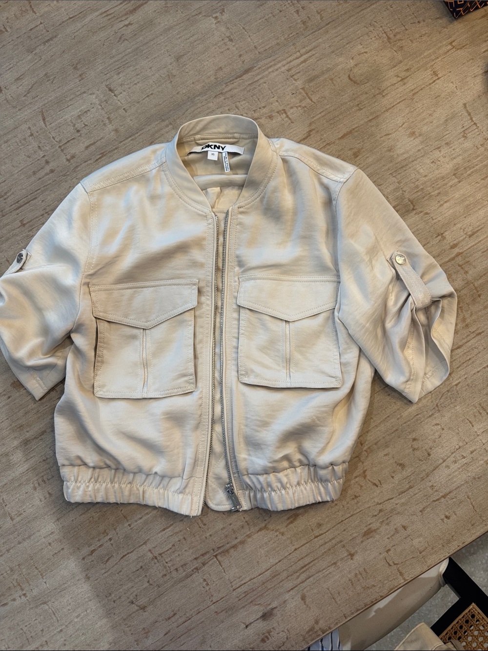 DKNY Cream Bomber Jacket with half sleeve and front pockets